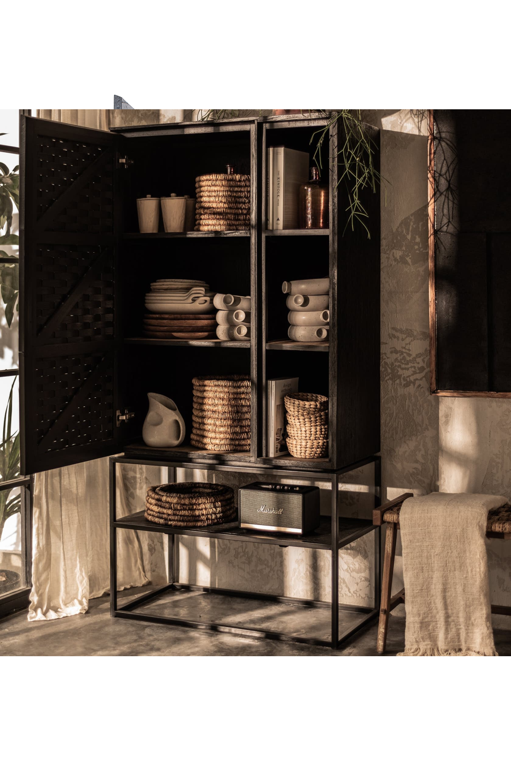 Charcoal Wooden Cabinet With Open Rack | dBodhi Karma | OROA.com