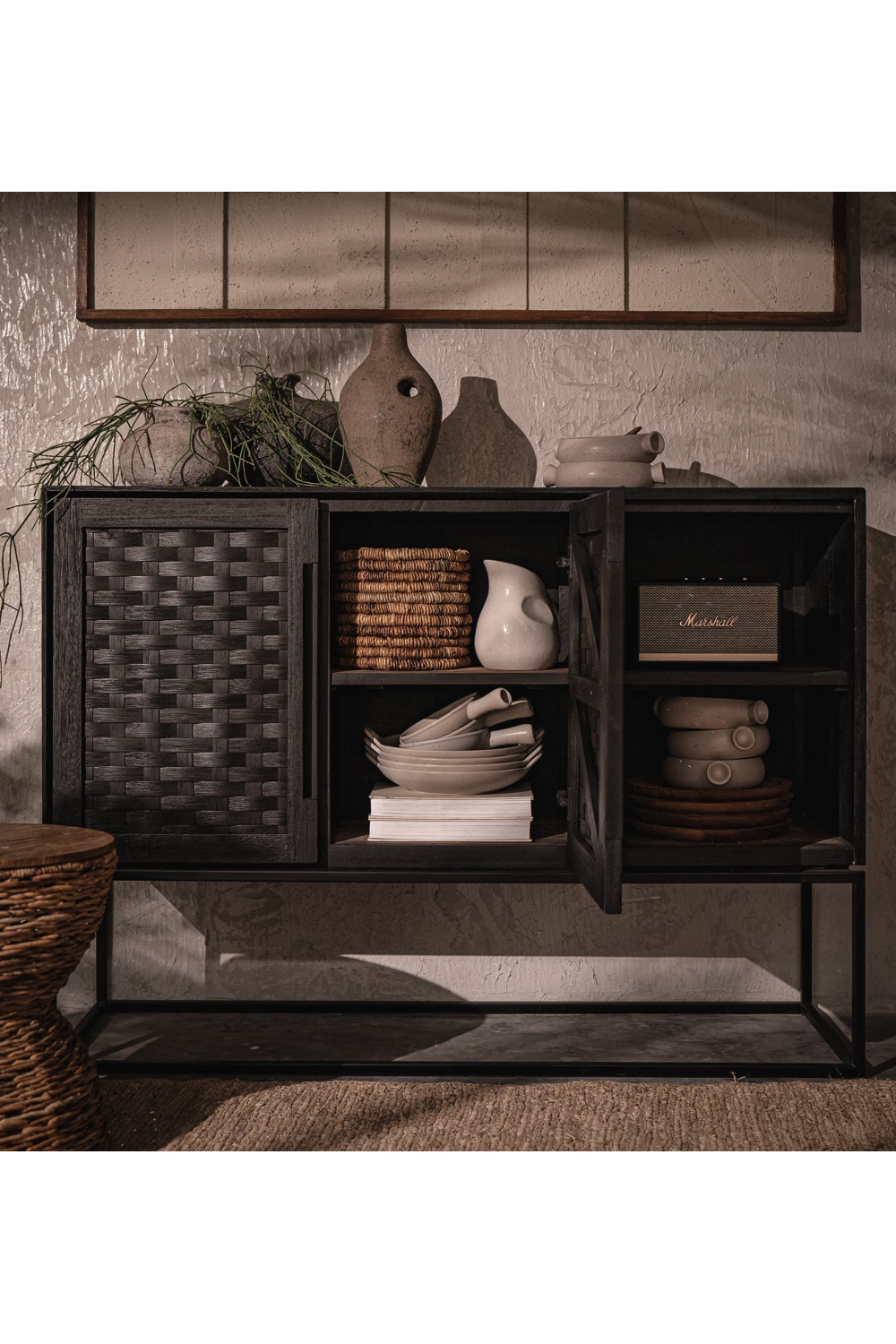 Black Woven Rattan 2-Door High Dresser | dBodhi Karma | OROA.com