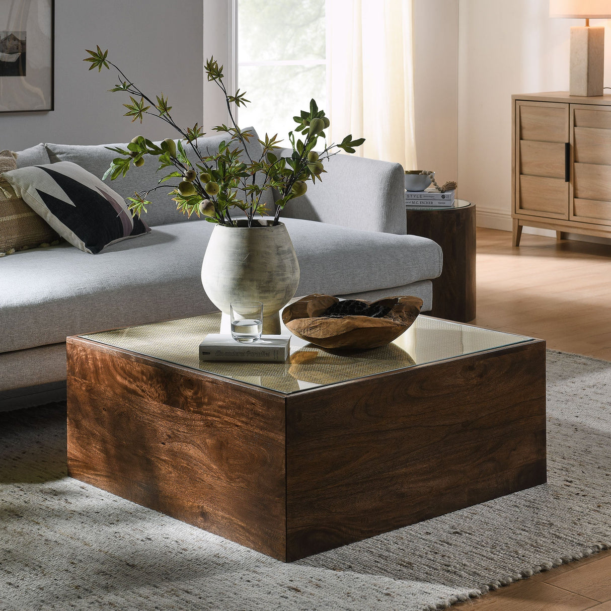 Truett Square Rattan Coffee Table - Mango Wood Finish