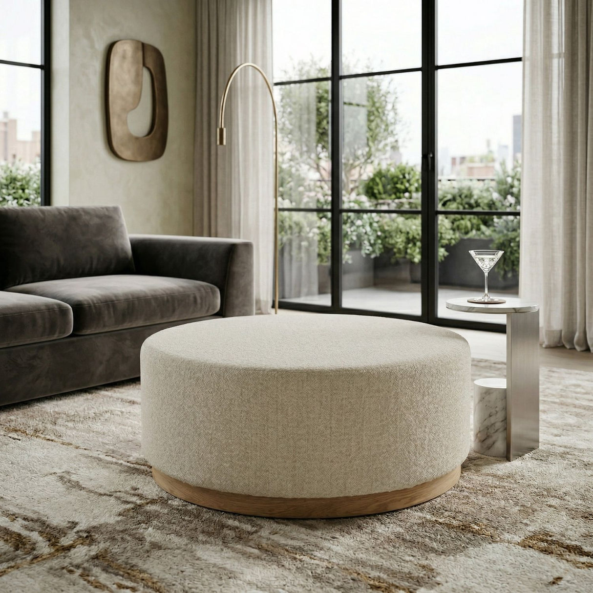   Cylindrical Beige Fabric Ottoman | Oroa.com
