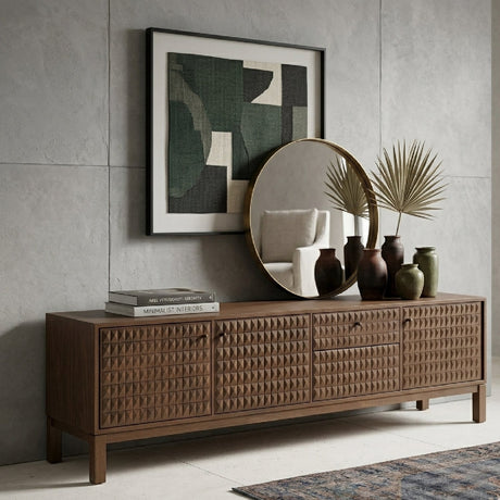 Modern European furniture - Brown Teak Carved TV Cabinet - www.oroa.com