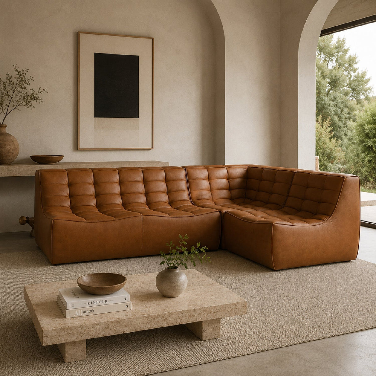 Brown Leather 3-Piece Modular Sofa – N701 – upholstered finish angled view