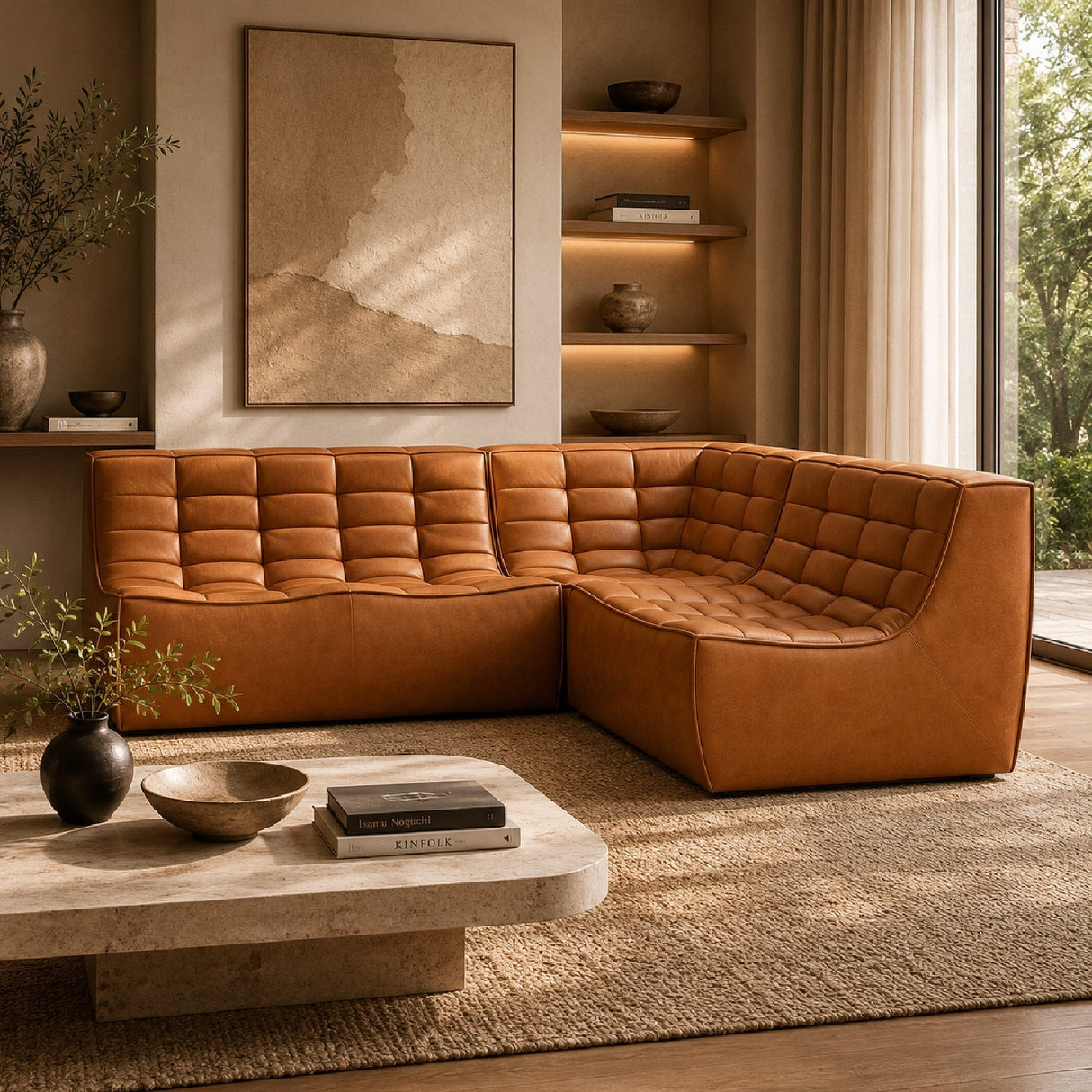Brown Leather Modular Sofa Set – N701 – upholstered finish angled view