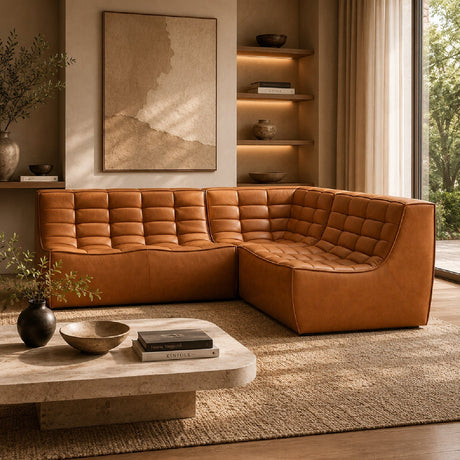 Brown Leather Modular Sofa Set – N701 – upholstered finish angled view