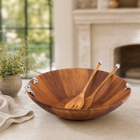 Lilacs Wood Salad Bowl and Servers - OROA