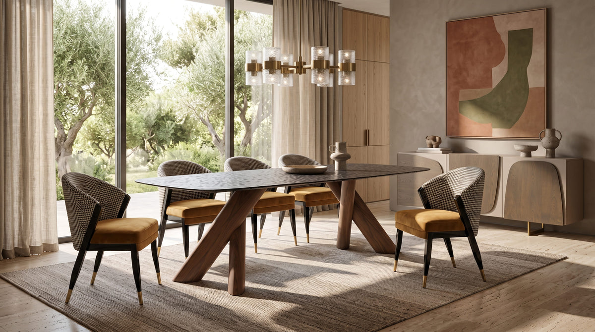 An OROA dining chair styled in a warm minimalism dining room, surrounded by rich wood tones, earthy finishes, and refined contemporary details.
