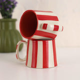 Ceramic Red Stripe Coffee Cup, 220ml – Handmade, Set of 4