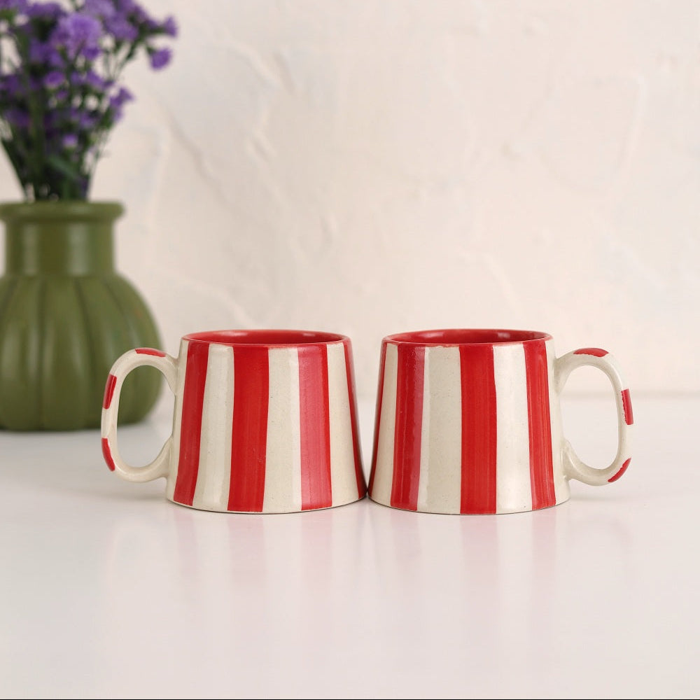 Ceramic Red Stripe Coffee Cup, 220ml – Handmade, Set of 4