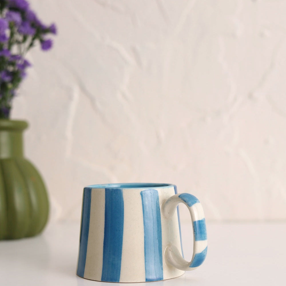 Ceramic Blue Stripe Coffee Cup, 220ml – Handmade, Set of 4