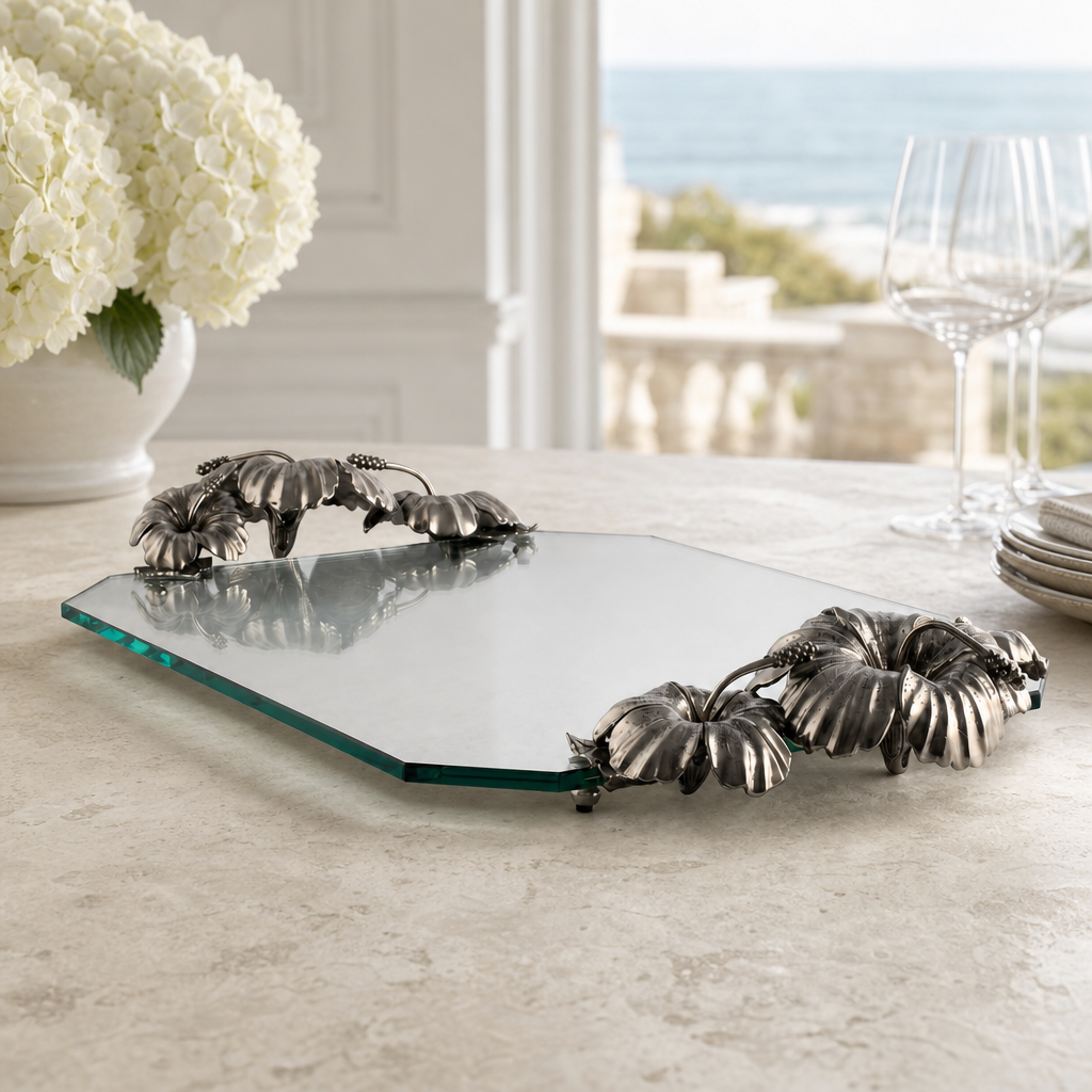 Pewter & Italian Glass Hibiscus Serving Tray - OROA