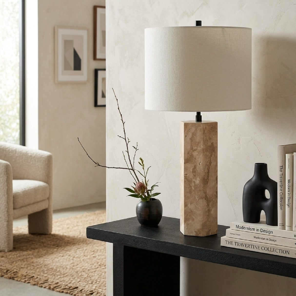   Travertine Cream Linen Table Lamp | Oroa.com