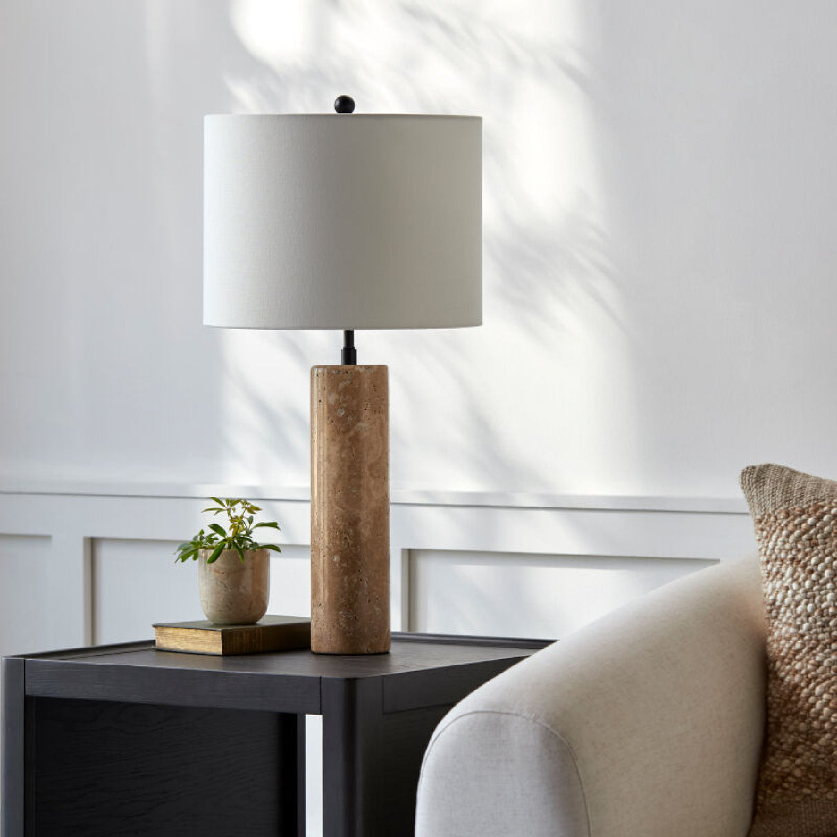   Travertine Cream Linen Table Lamp | Oroa.com