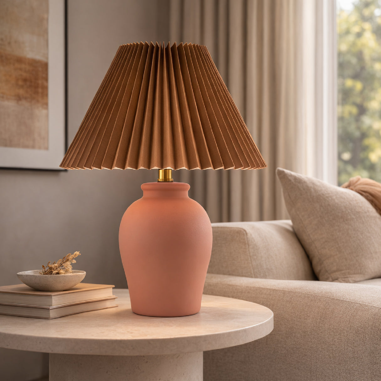   Brown Linen Pleated Table Lamp | Oroa.com