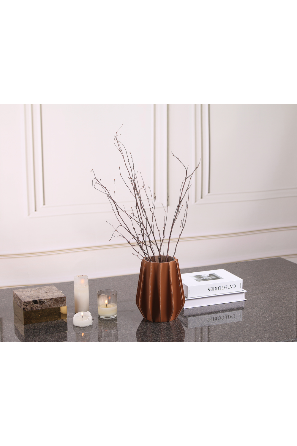 Brown Leather Fluted Vase | Liang & Eimil Juana | Oroa.com