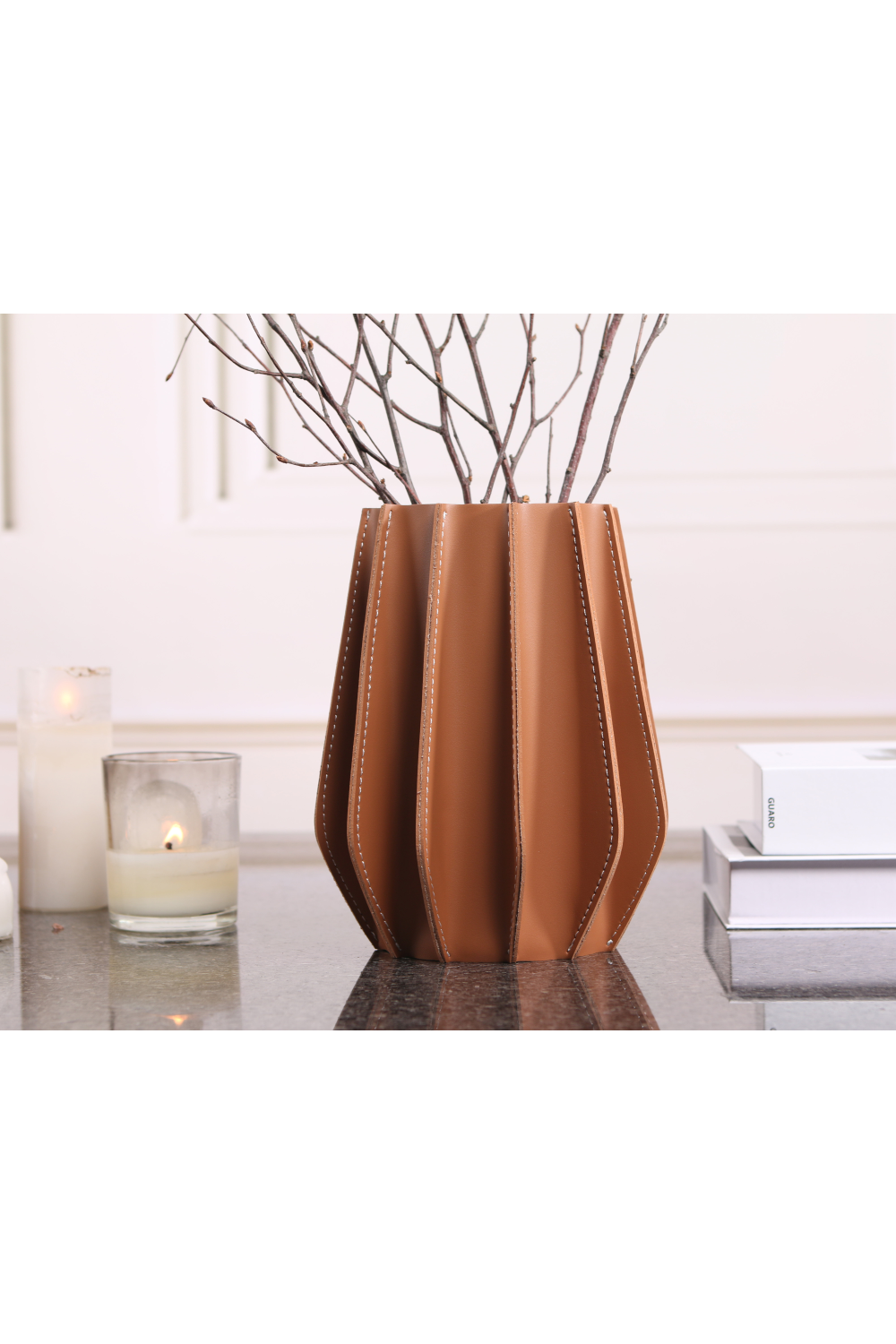 Brown Leather Fluted Vase | Liang & Eimil Juana | Oroa.com