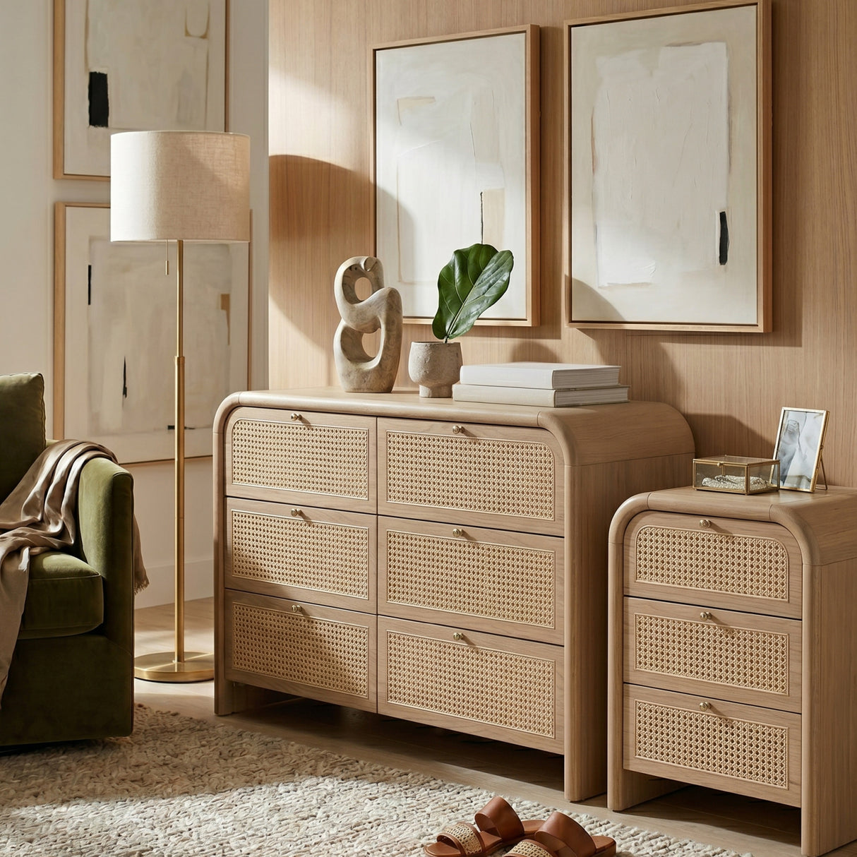   Oak Framed Cane 3-Drawer Nightstand | Oroa.com