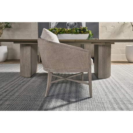Curved Oak Linen Lounge Chair | Living Essentials McGuire