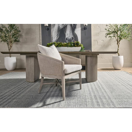 Curved Oak Linen Lounge Chair | Living Essentials McGuire