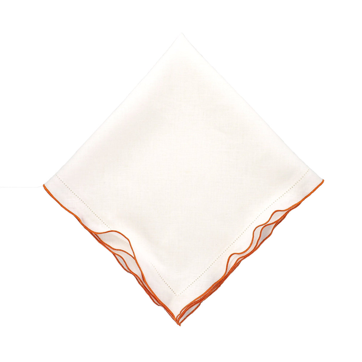 White Linen Napkins With Orange Ruffled Hemstitch Edges, Set of 4