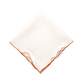 White Linen Napkins With Orange Ruffled Hemstitch Edges, Set of 4