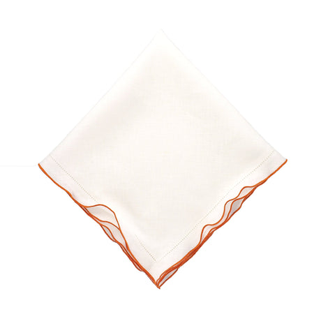 White Linen Napkins With Orange Ruffled Hemstitch Edges, Set of 4