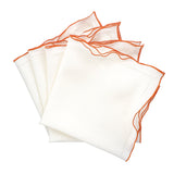 White Linen Napkins With Orange Ruffled Hemstitch Edges, Set of 4