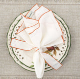 White Linen Napkins With Orange Ruffled Hemstitch Edges, Set of 4