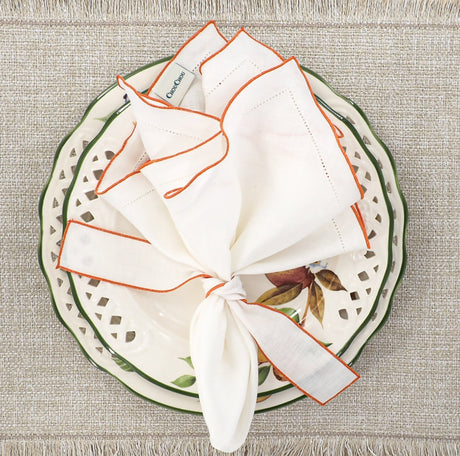 White Linen Napkins With Orange Ruffled Hemstitch Edges, Set of 4