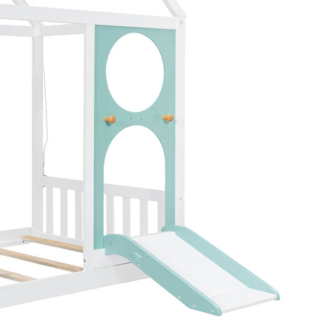 Twin House Bed with Slide and Light Strip Playhouse Design | OROA Kids