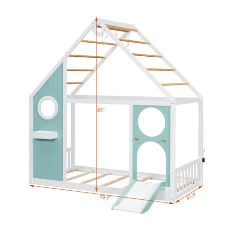 Twin House Bed with Slide and Light Strip Playhouse Design | OROA Kids