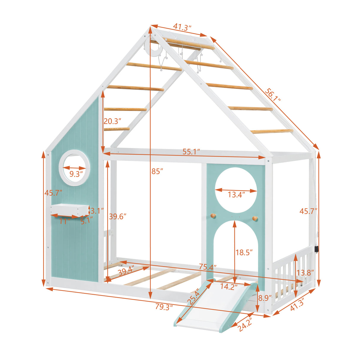 Twin House Bed with Slide and Light Strip Playhouse Design | OROA Kids