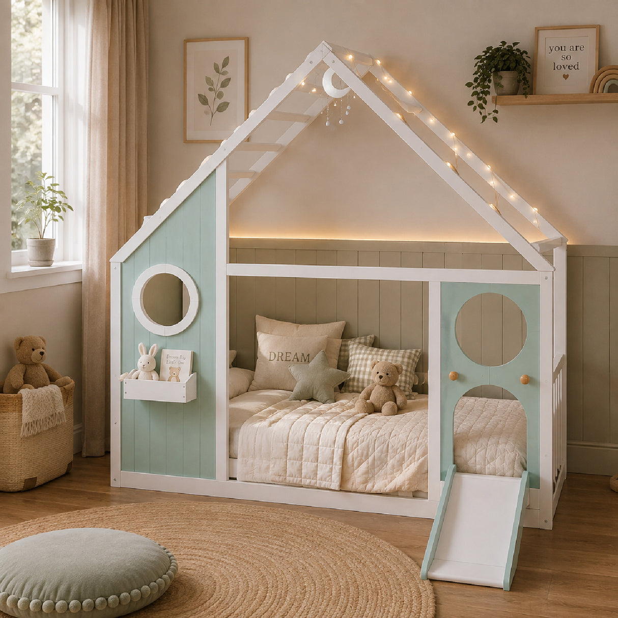 Twin House Bed with Slide and Light Strip Playhouse Design | OROA Kids