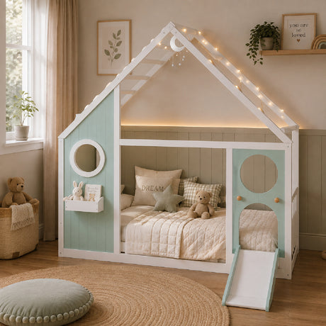 Twin House Bed with Slide and Light Strip Playhouse Design | OROA Kids