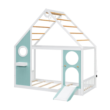 Twin House Bed with Slide and Light Strip Playhouse Design | OROA Kids