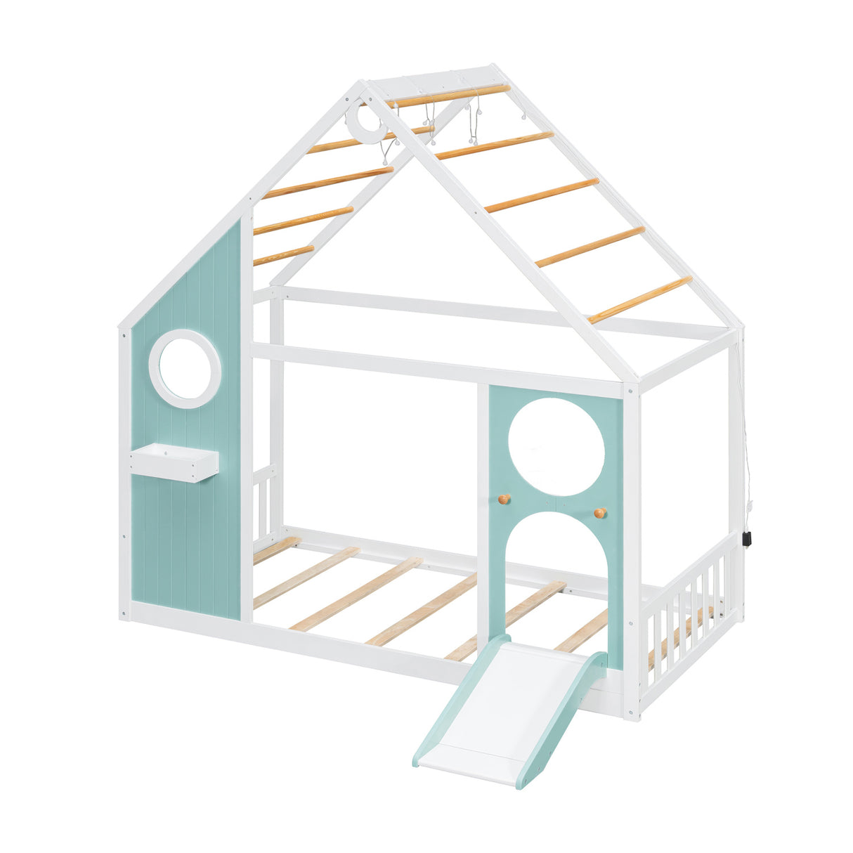 Twin House Bed with Slide and Light Strip Playhouse Design | OROA Kids