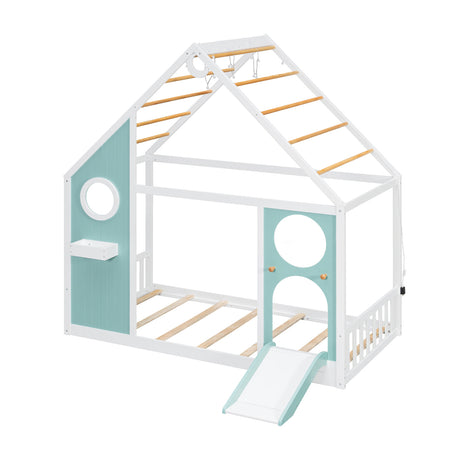 Twin House Bed with Slide and Light Strip Playhouse Design | OROA Kids