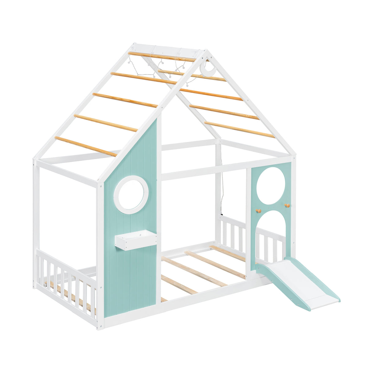 Twin House Bed with Slide and Light Strip Playhouse Design | OROA Kids