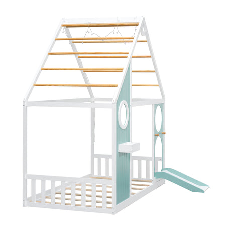Twin House Bed with Slide and Light Strip Playhouse Design | OROA Kids