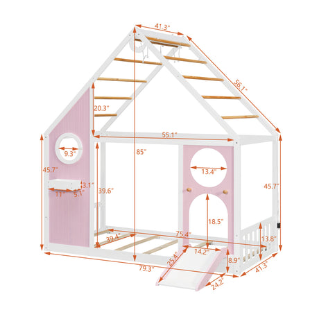 Twin Pink House Bed with Slide and Ball Light Strip | OROA Kids