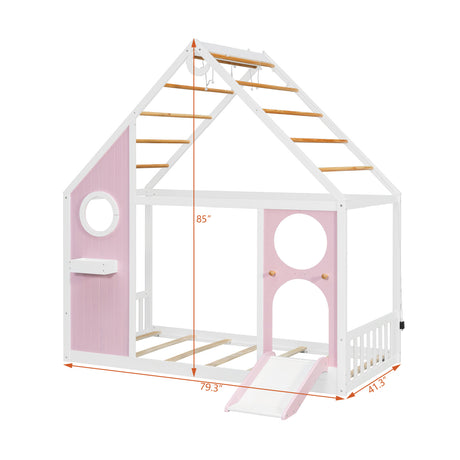 Twin Pink House Bed with Slide and Ball Light Strip | OROA Kids