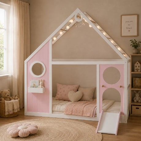Twin Pink House Bed with Slide and Ball Light Strip | OROA Kids