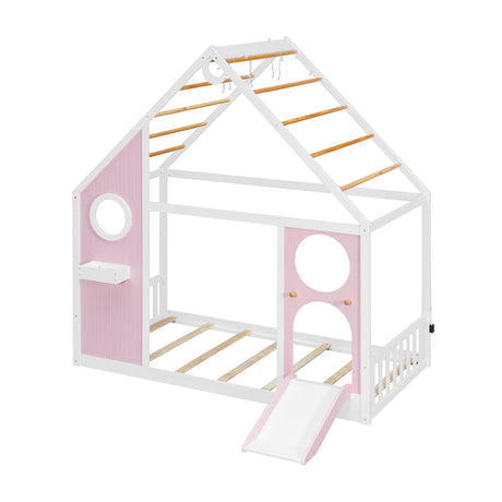 Twin Pink House Bed with Slide and Ball Light Strip | OROA Kids