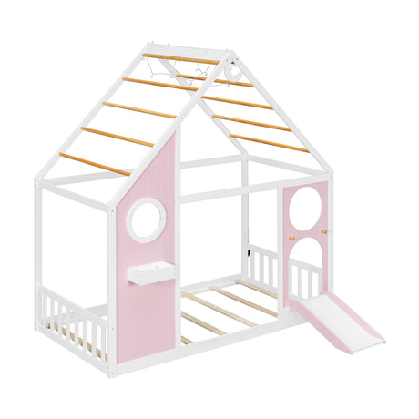 Twin Pink House Bed with Slide and Ball Light Strip | OROA Kids