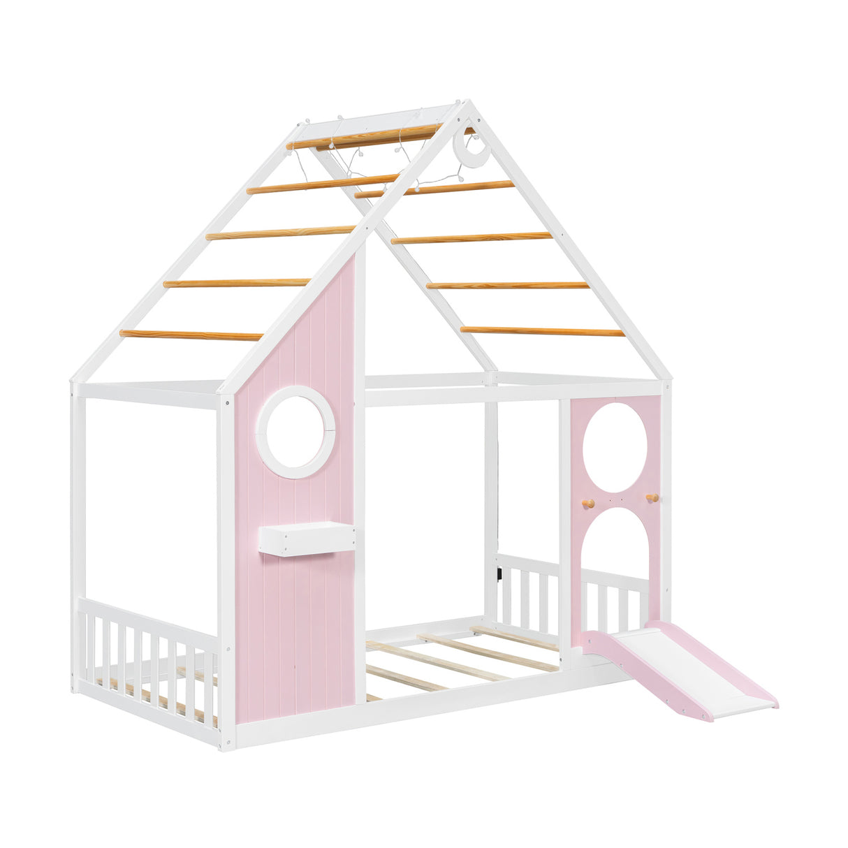 Twin Pink House Bed with Slide and Ball Light Strip | OROA Kids