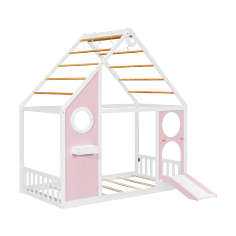 Twin Pink House Bed with Slide and Ball Light Strip | OROA Kids