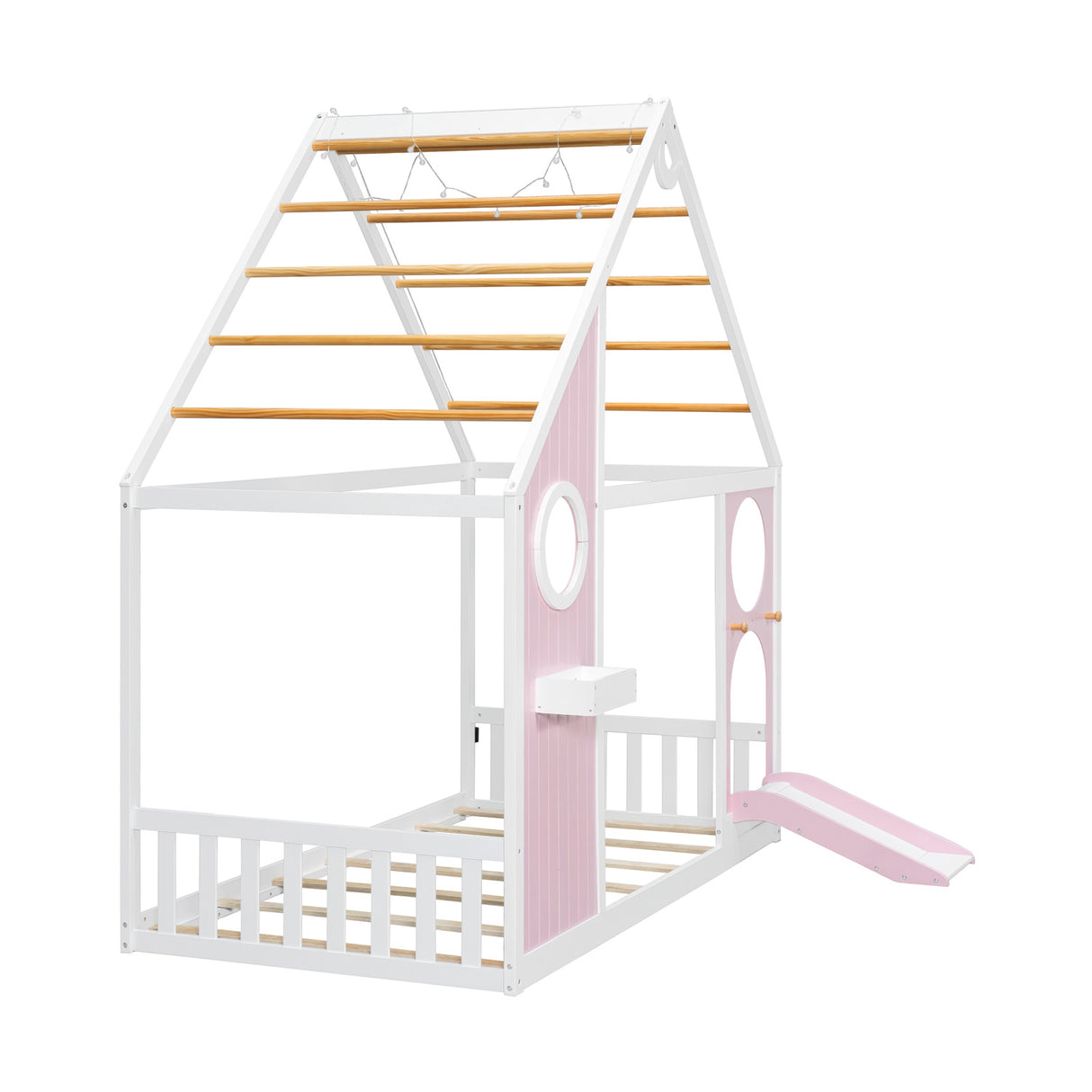 Twin Pink House Bed with Slide and Ball Light Strip | OROA Kids
