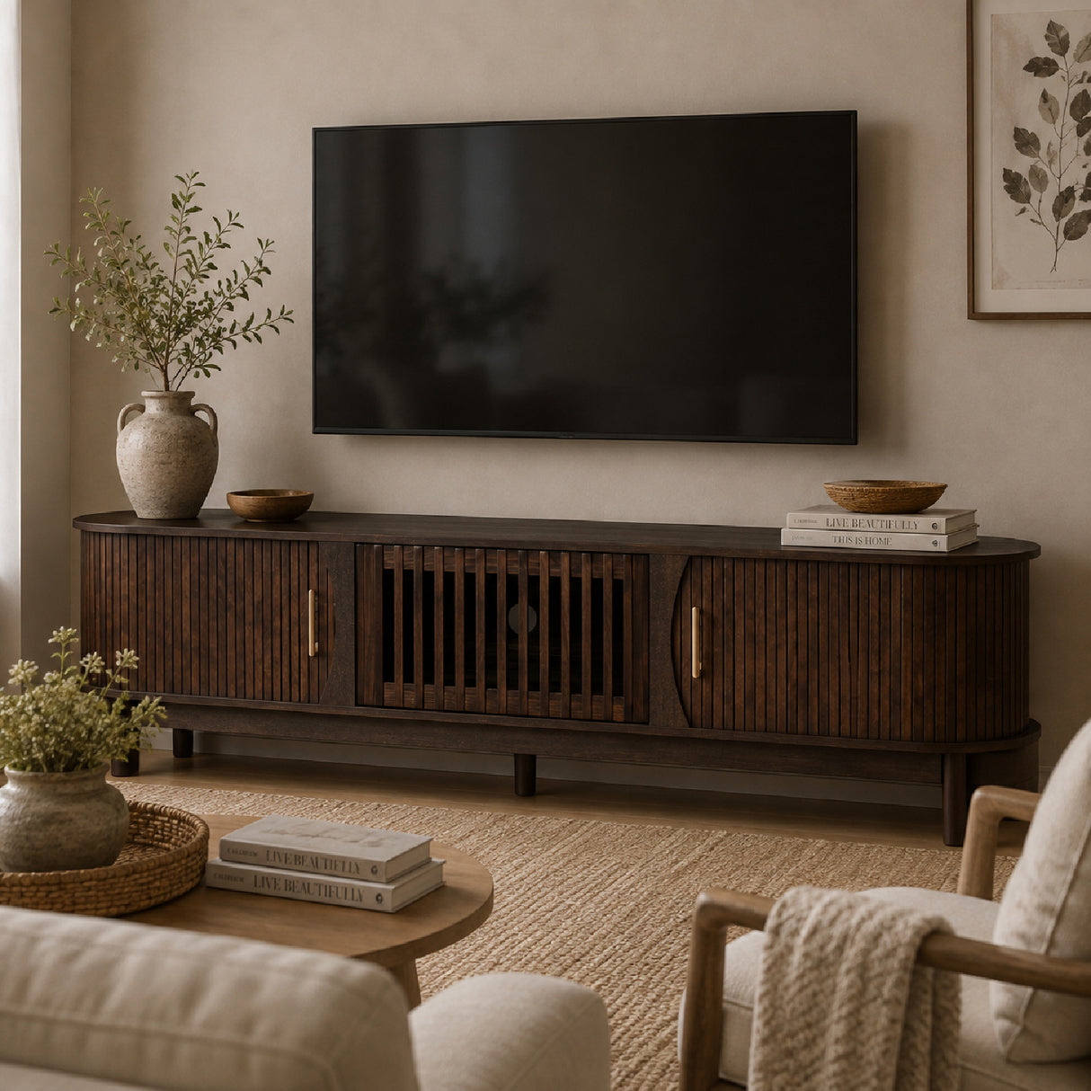 75" Modern Farmhouse Dark Brown TV Stand | OROA