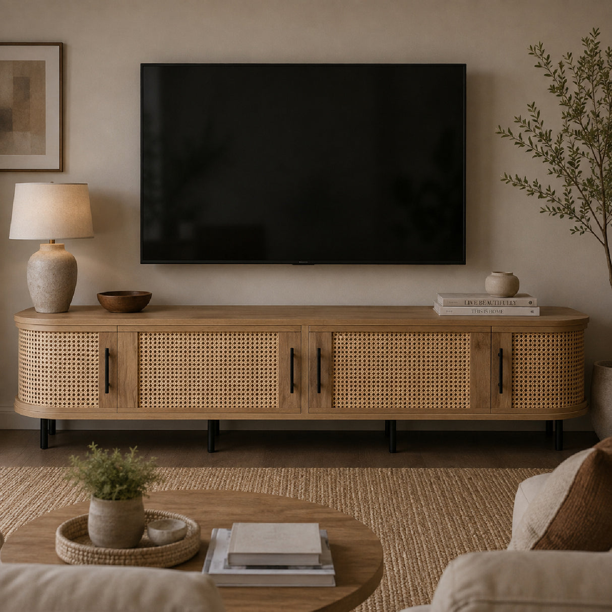 70" Modern TV Stand with Rattan Doors | OROA