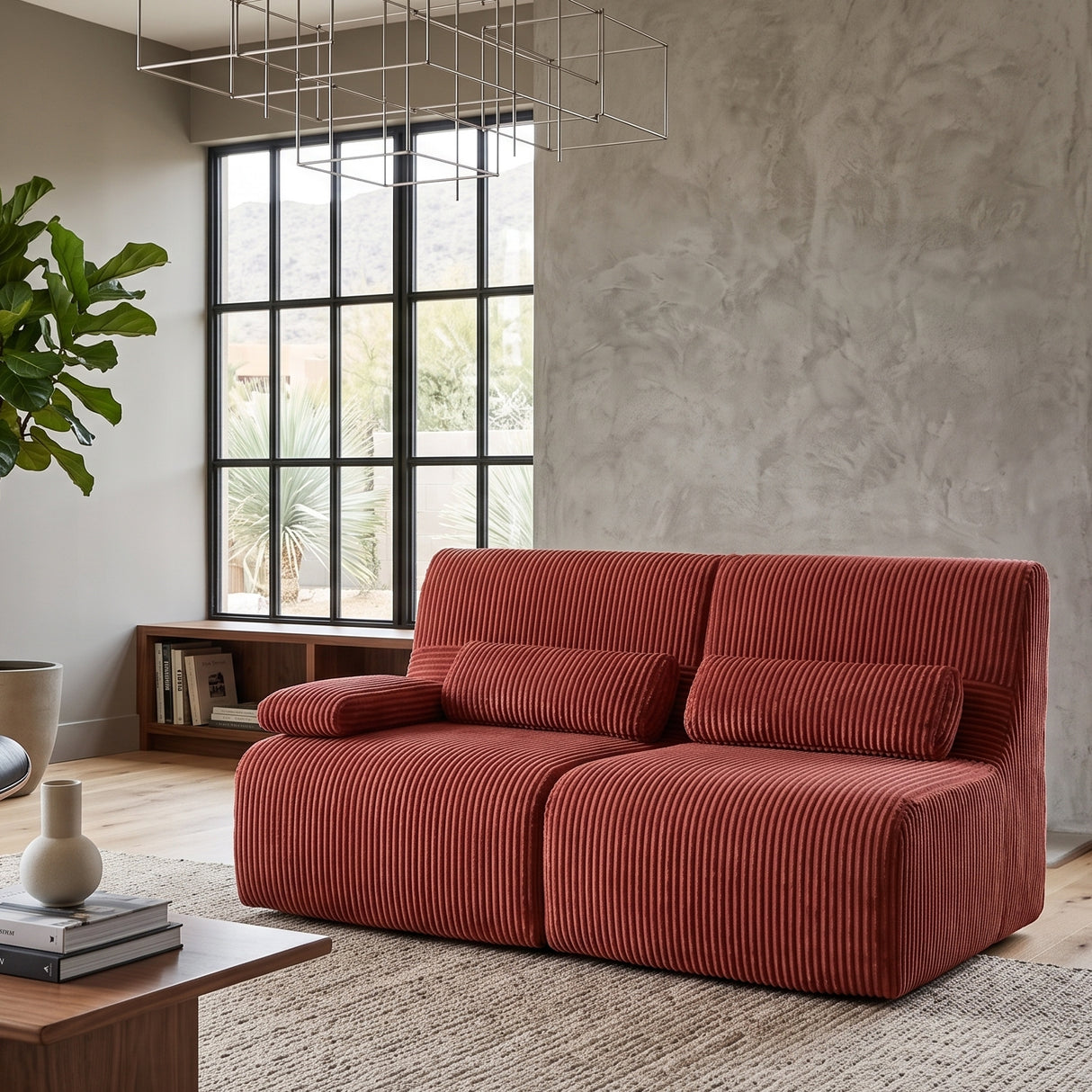 Modern Red Corduroy Modular Loveseat Sofa | OROA