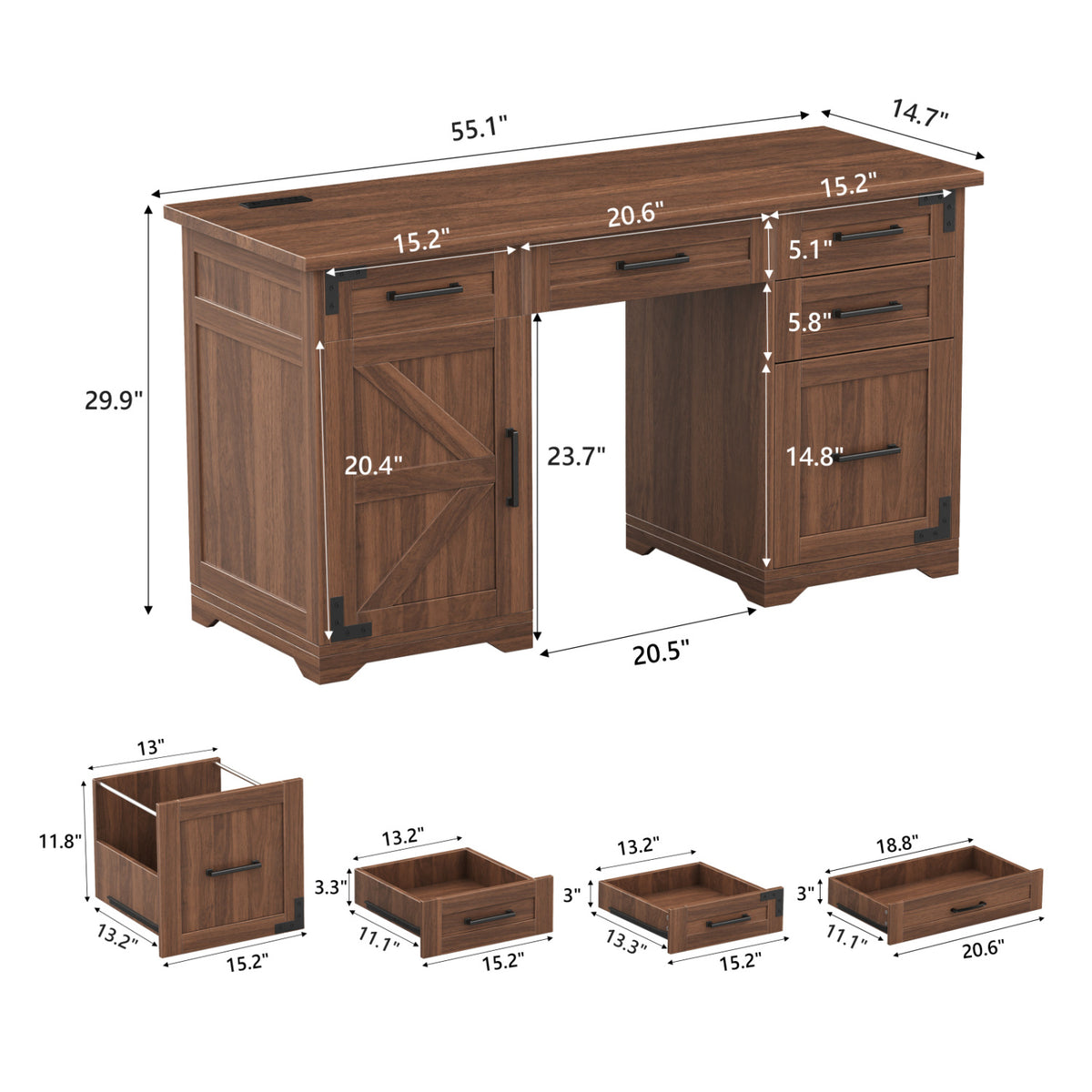 Rustic Walnut Farmhouse Executive Desk with Storage | OROA